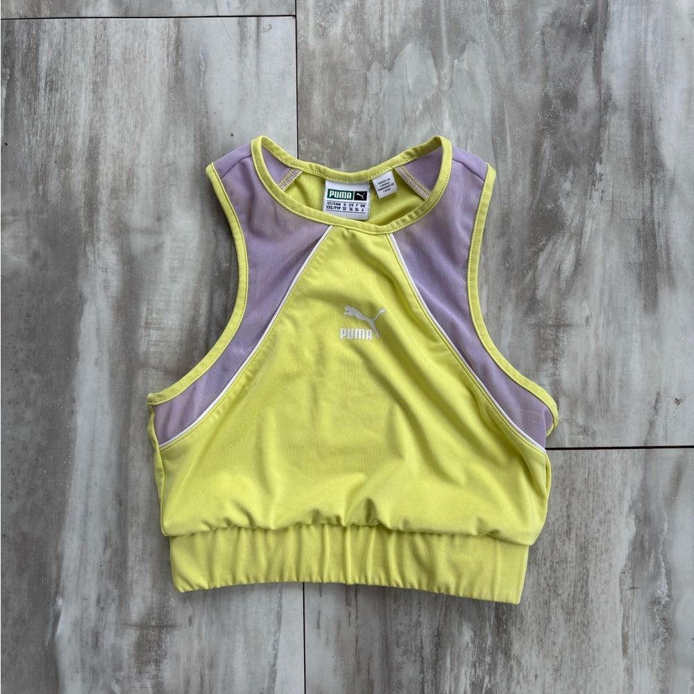 Puma Women’s XXS Yellow Colorblock Mesh Inset Racerback Sports Bra Crop Tank Top